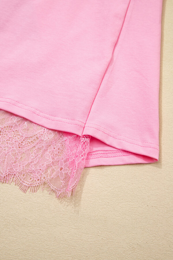 Pink Eyelash Floral Lace Patchwork Half Sleeve Oversize Tee