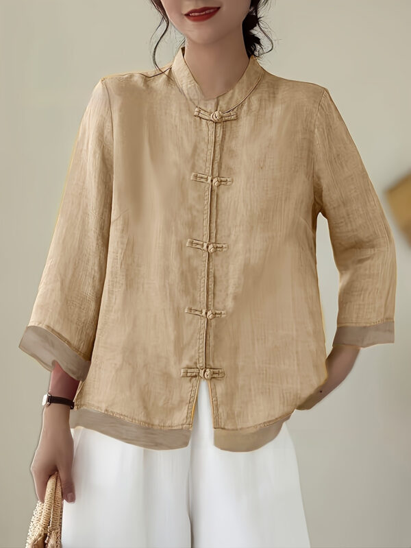 Chinese-style Patchwork Button-Placket Cropped-Sleeve Loose-fit Retro Chinese-style Shirt