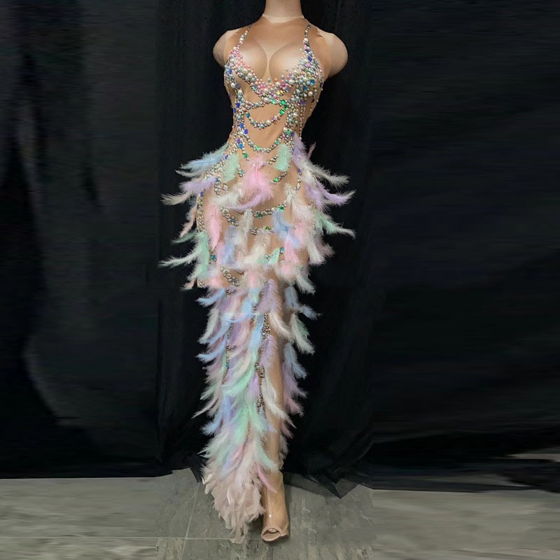 new-model-colorful-feather-rhinestone-elastic-wrap-hip-long-dress