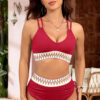 Navy Blue Ribbed Knit Tribal Contrast Detail 2pcs High Waist Swimsuit