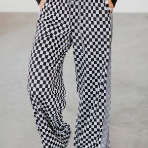 99128537-ed56070a03cf6279.jpg White Checkerboard Drawstring Waist Casual Pants