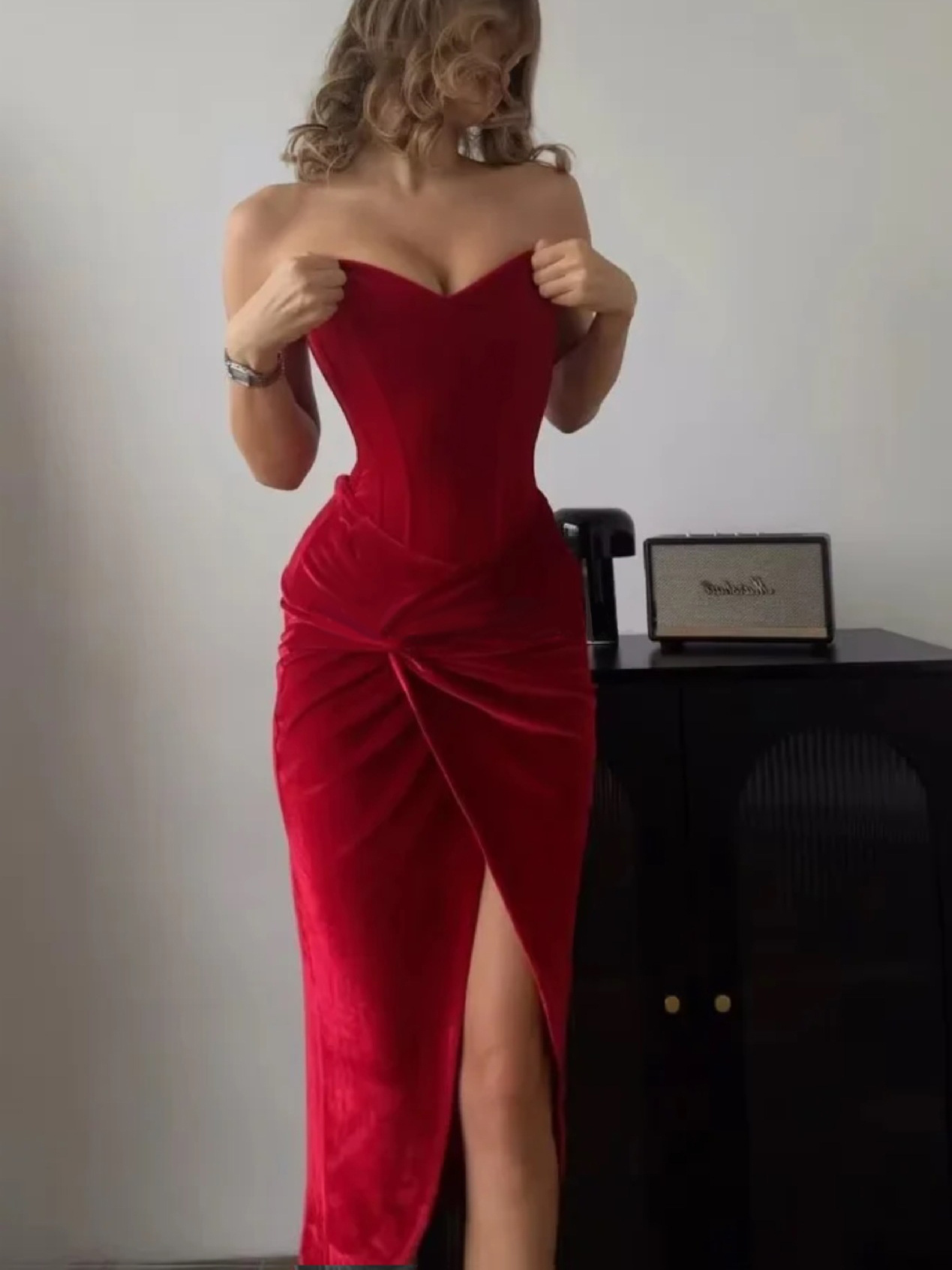 red-velvet-tube-top-twist-dress