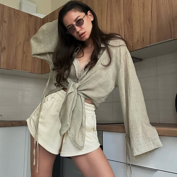 Stylish Design-forward Loose-fit Long-sleeve Shirt With A Turn-down Collar And Tie Details