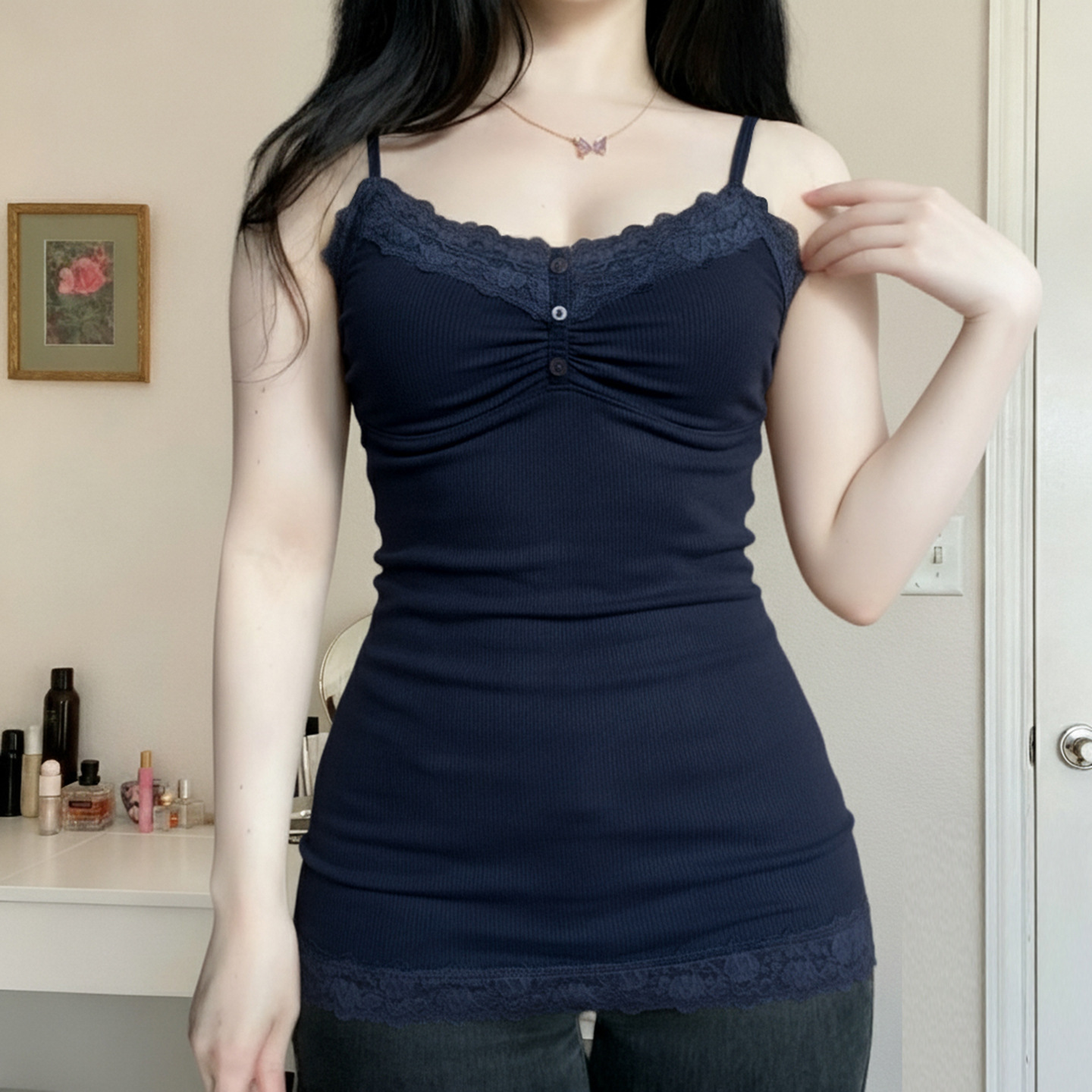 lace-patchwork-buttoned-small-v-neck-camisole
