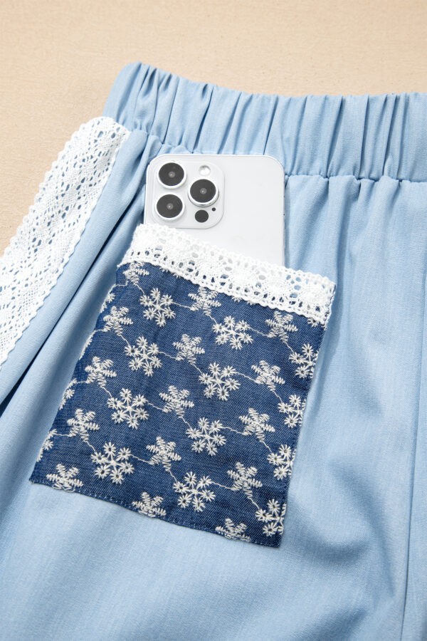 99028025-f1b2de98738c2acb.jpg Beau Blue Lace Accent Floral Patched Pocket Pleated Wide Leg Slouchy Pants