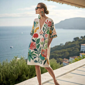 Loose Printed V-neck Women's Casual Holiday Dress