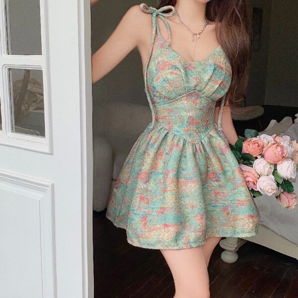 Retro Oil Painting Style Printed Camisole Bodycon Dress