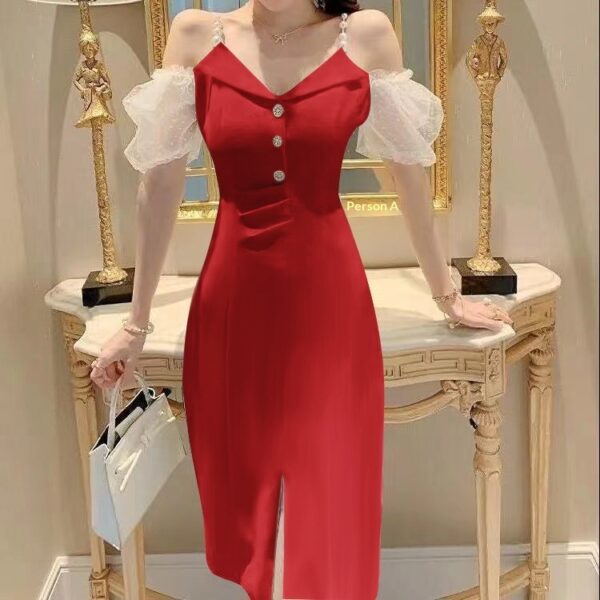 Light Luxury Off-shoulder Design V-neck Camisole Dress