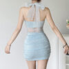 Womens Stylish Halterneck Sheer Mesh Patchwork Bodycon Dress