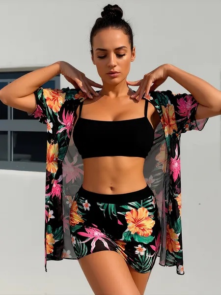 High-Waisted Two-Piece With Print Sun-Protective Cover-Up Three-Piece Set