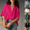 loose v neck lapel shirt women casual short sleeve top