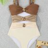 Women's One-piece Patchwork Color Camisole Swimsuit Metal Design