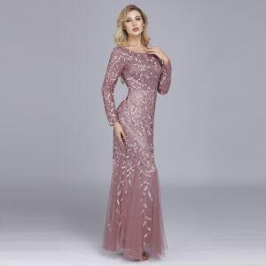 Long Sleeve Round Neck Back Zipper Fishtail Dress Banquet Evening Dress