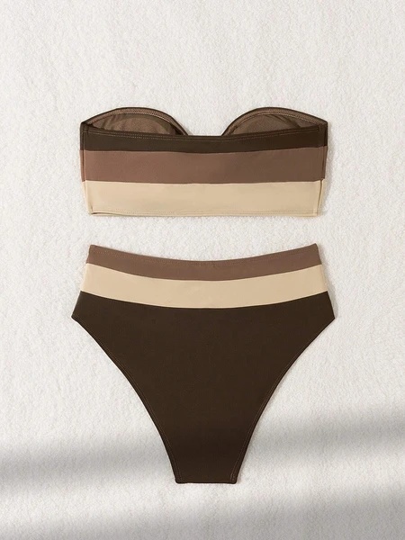 Women's Two-piece Coffee Colored Bikini Swimsuit Strapless Fashion Quick Drying
