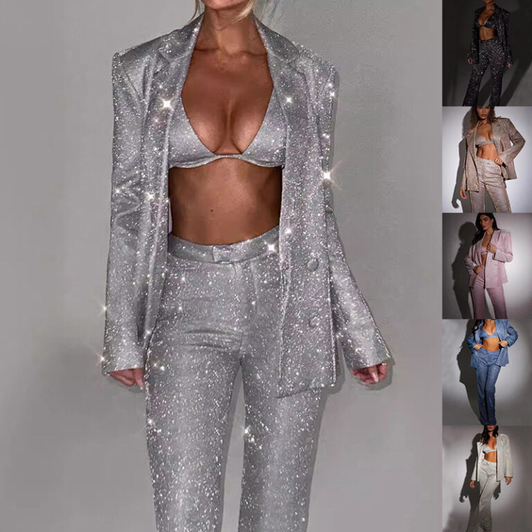shiny sequin blazer suit set women party jacket and straight leg trousers outfit,