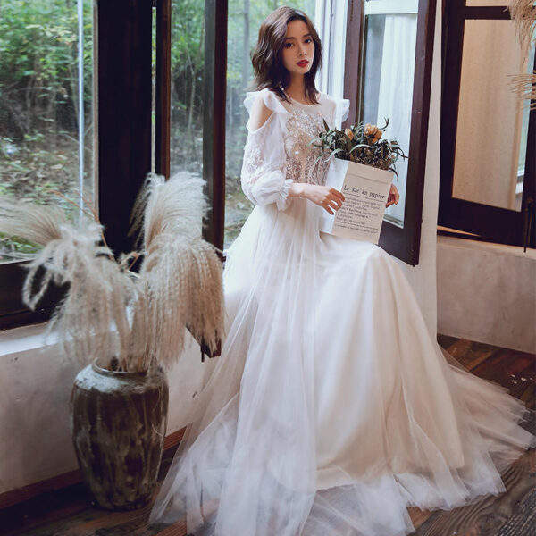 Women's Champagne Light Luxury Long Sleeve Banquet Evening Dress