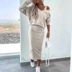 women v neck two piece dress set long sleeve casual outfit