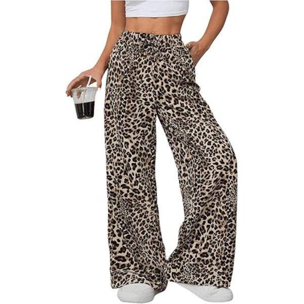 Leopard Print High Waisted Wide-Leg Pants Elegant Drawstring Loose Long Trousers