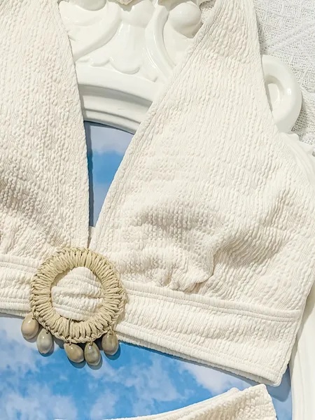 Ladies' White Split Beach Bikini Swimwear With Shell Embellishment