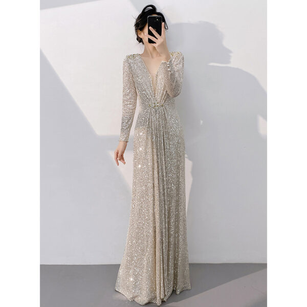 Silver Banquet Evening Dress Long Sleeve Slim-fit Light Luxury Sequins