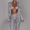 Shiny Long-sleeved Suit With Bra Lapel Blazer And Straight-leg Trousers Fashion Party Jacket Set