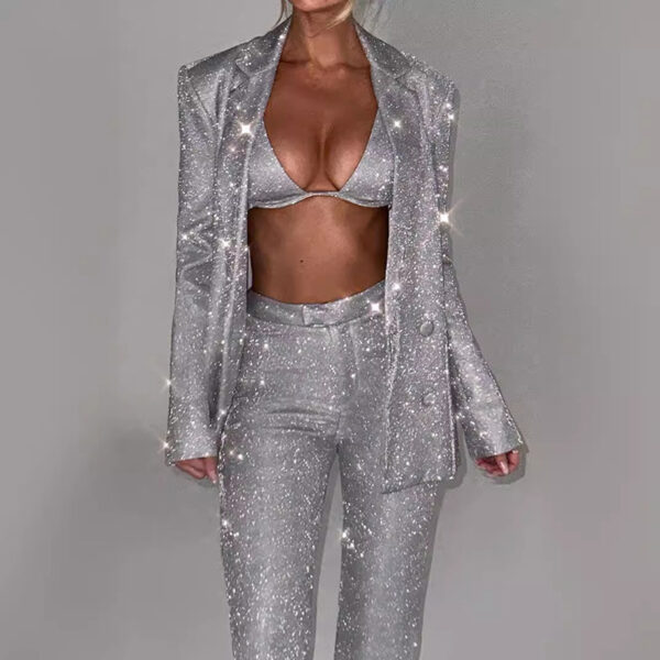 Shiny Long-sleeved Suit With Bra Lapel Blazer And Straight-leg Trousers Fashion Party Jacket Set