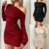 Stylish, Shimmering One-shoulder, Long-sleeved Bodycon Dress
