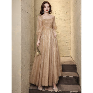 Women's Banquet Temperament Long Golden Evening Dress