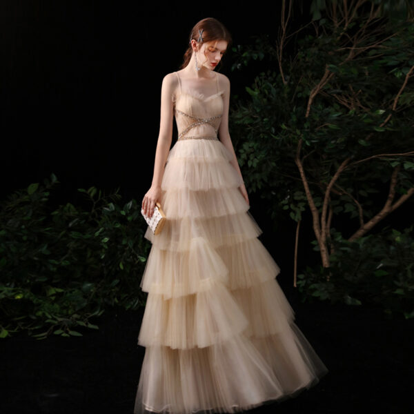 Gold Suspender Strapless Evening Dress Female Banquet Temperament Host