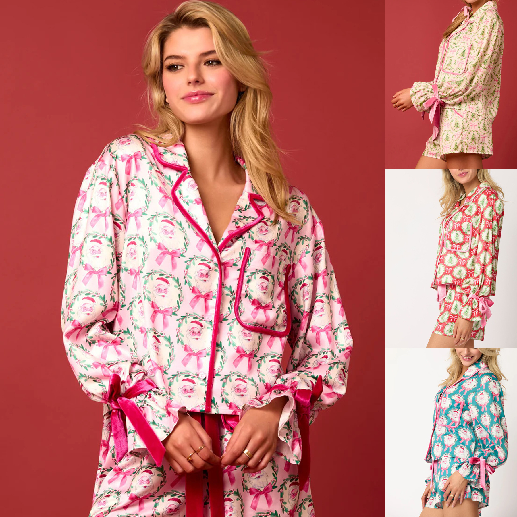 christmas santa print pajama set women festive loungewear outfit