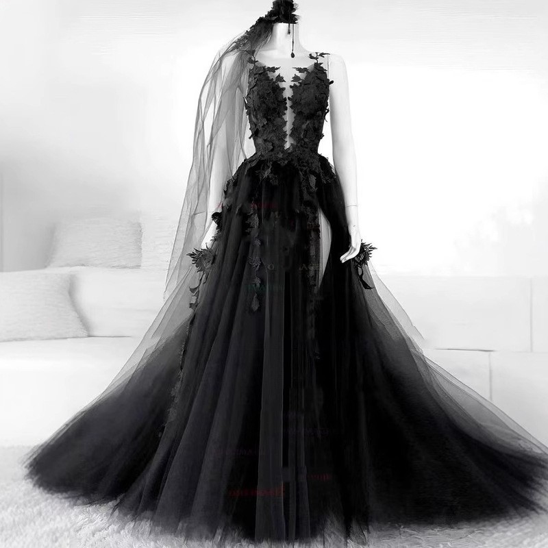 black-lace-slimming-elegant-catwalk-banquet-evening-dress