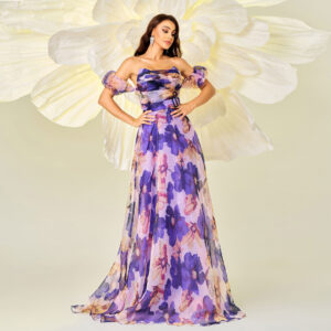 Chest-wrapped Off-neck Slim-fit Waist Trimming Printing Banquet Large Swing Evening Dress