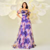 Chest-wrapped Off-neck Slim-fit Waist Trimming Printing Banquet Large Swing Evening Dress