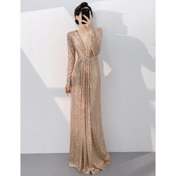 Silver Banquet Evening Dress Long Sleeve Slim-fit Light Luxury Sequins