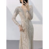 Silver Banquet Evening Dress Long Sleeve Slim-fit Light Luxury Sequins