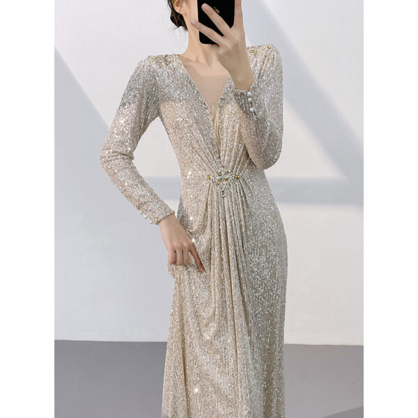 Silver Banquet Evening Dress Long Sleeve Slim-fit Light Luxury Sequins