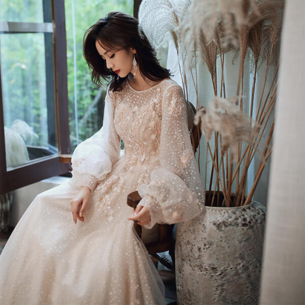 Women's Champagne Light Luxury Long Sleeve Banquet Evening Dress