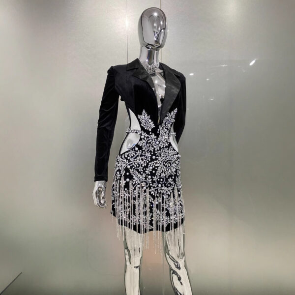 Luxury Rhinestone Tassel Sexy Cutout Suit Dress