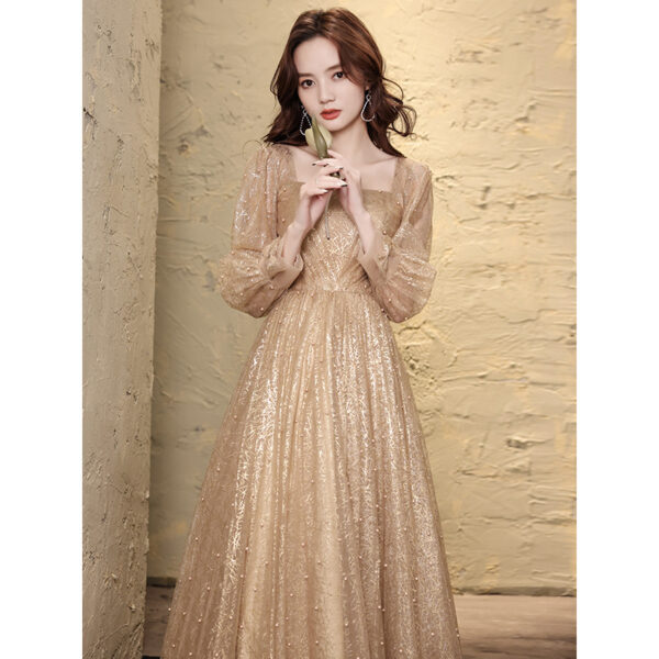 Women's Banquet Temperament Long Golden Evening Dress