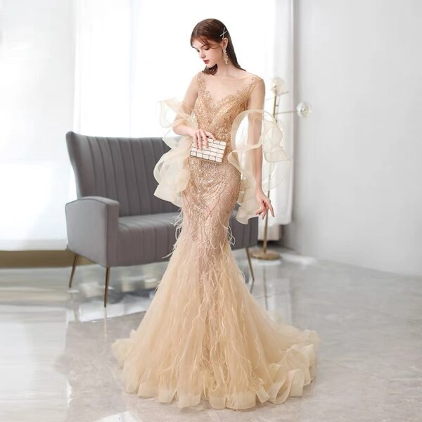 Golden Mermaid Evening Dress Ladies Banquet