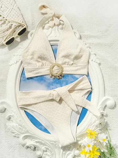Ladies' White Split Beach Bikini Swimwear With Shell Embellishment