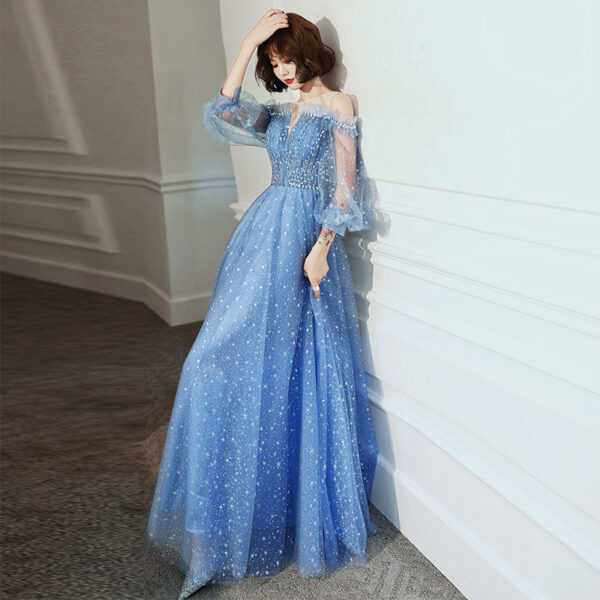 Banquet blue long sleeve evening dress
