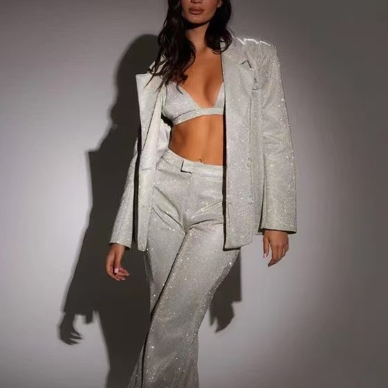 Shiny Long-sleeved Suit With Bra Lapel Blazer And Straight-leg Trousers Fashion Party Jacket Set