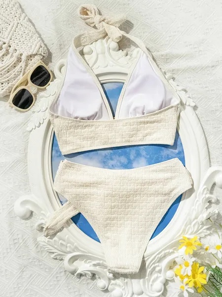Ladies' White Split Beach Bikini Swimwear With Shell Embellishment