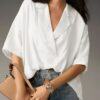 Casual Loose Short Sleeve Lapel  Collar Large V-Neck Fashionable Women's Shirt Tops