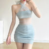 Womens Stylish Halterneck Sheer Mesh Patchwork Bodycon Dress