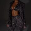 Shiny Long-sleeved Suit With Bra Lapel Blazer And Straight-leg Trousers Fashion Party Jacket Set