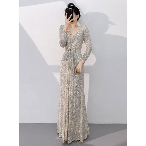 Silver Banquet Evening Dress Long Sleeve Slim-fit Light Luxury Sequins