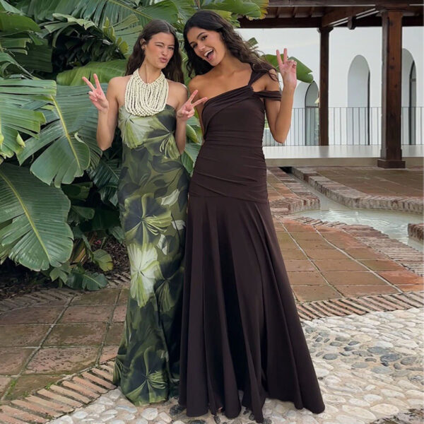 Summer Cold-shoulder Bodycon Pleated Suspender Long Dress