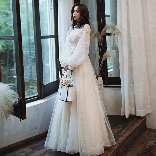 Women's Champagne Light Luxury Long Sleeve Banquet Evening Dress